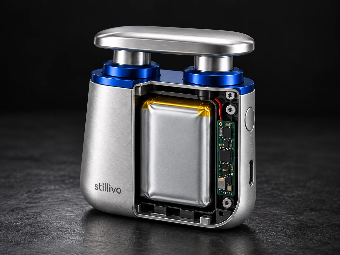 Concept cutaway showing a silver pouch battery, circuit board and mounting frame inside stillivo
