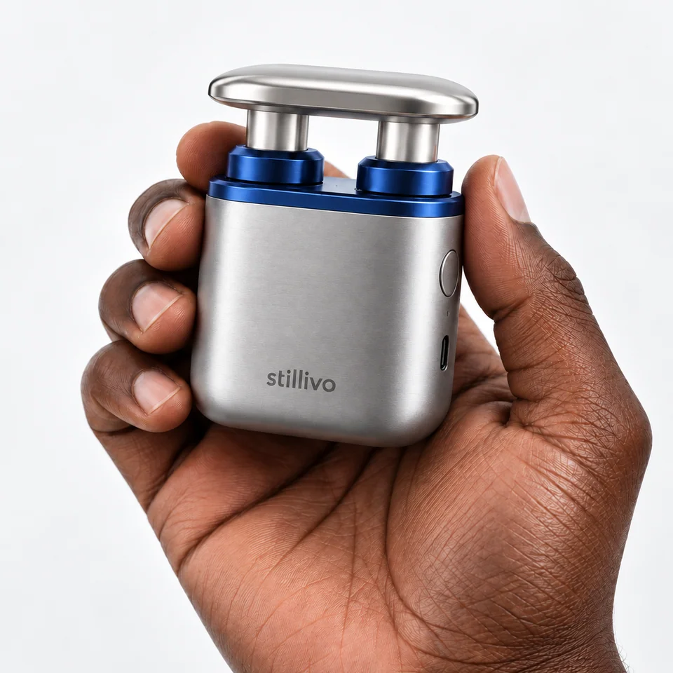The brushed silver body and cobalt-blue accent finish