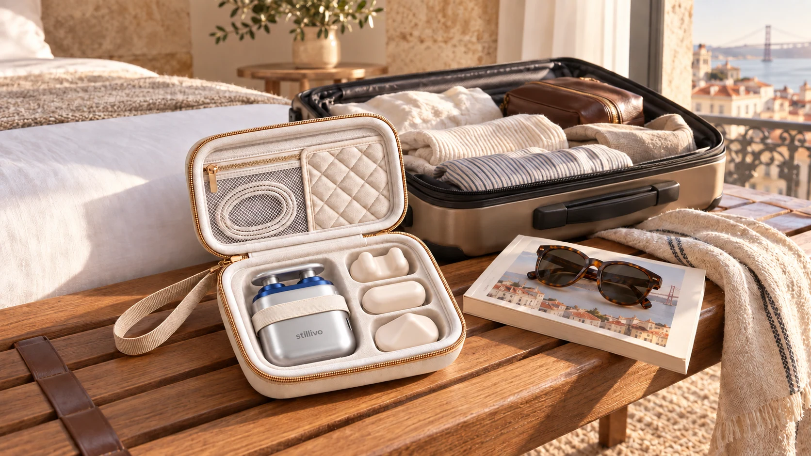 stillivo and three attachment concepts in a cream fitted carry case, pictured in a warm travel setting
